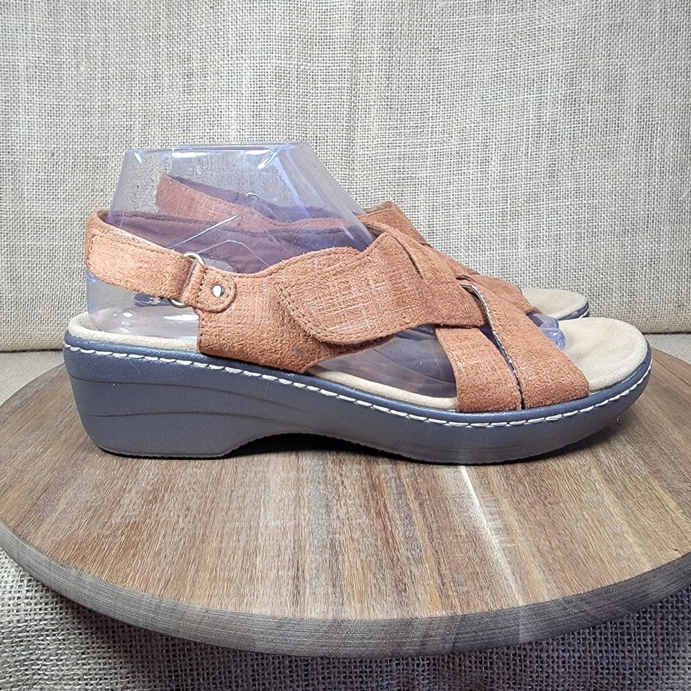Clarks Merliah Echo Wedge Sandals Rust Brown Textile Straps Women's‎ 9 Comfort